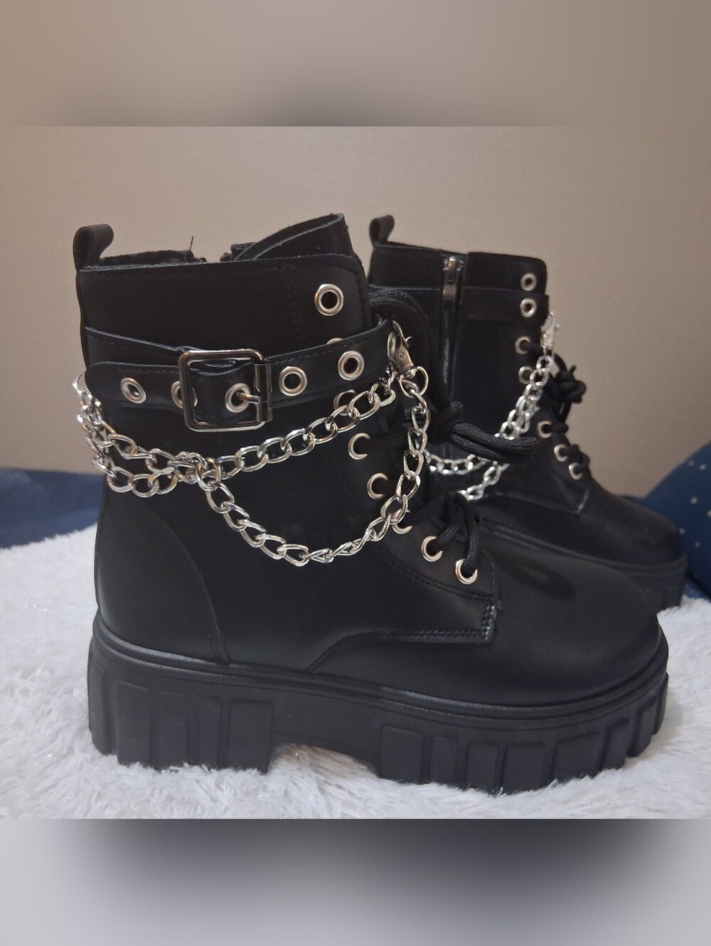 Black Kid's Platform Combat Boots with Silver Chains